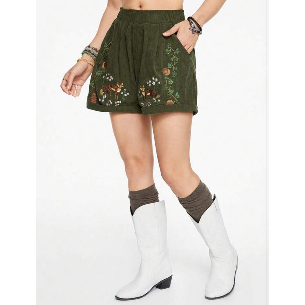 ROMWE Fairycore Green Corduroy Fox Embroidered Shorts Elastic Waist Medium 6 - Picture 3 of 14